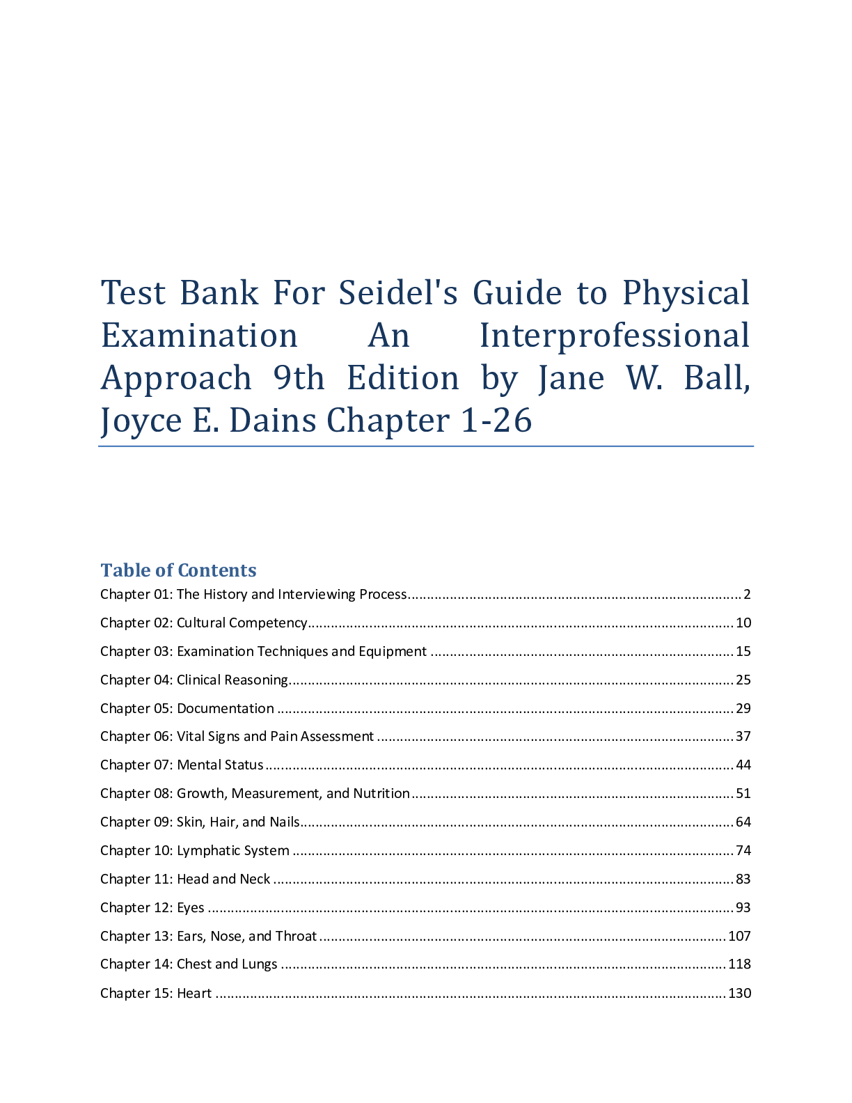 Preview of Test Bank For Seidel's Guide to Physical Examination An Interprofessional Approach 9th Edi